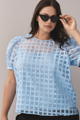 English Factory Sheer Plaid Short Puff Sleeve Top In Blue