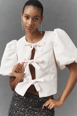 English Factory Puff-sleeve Bow-front Blouse In White