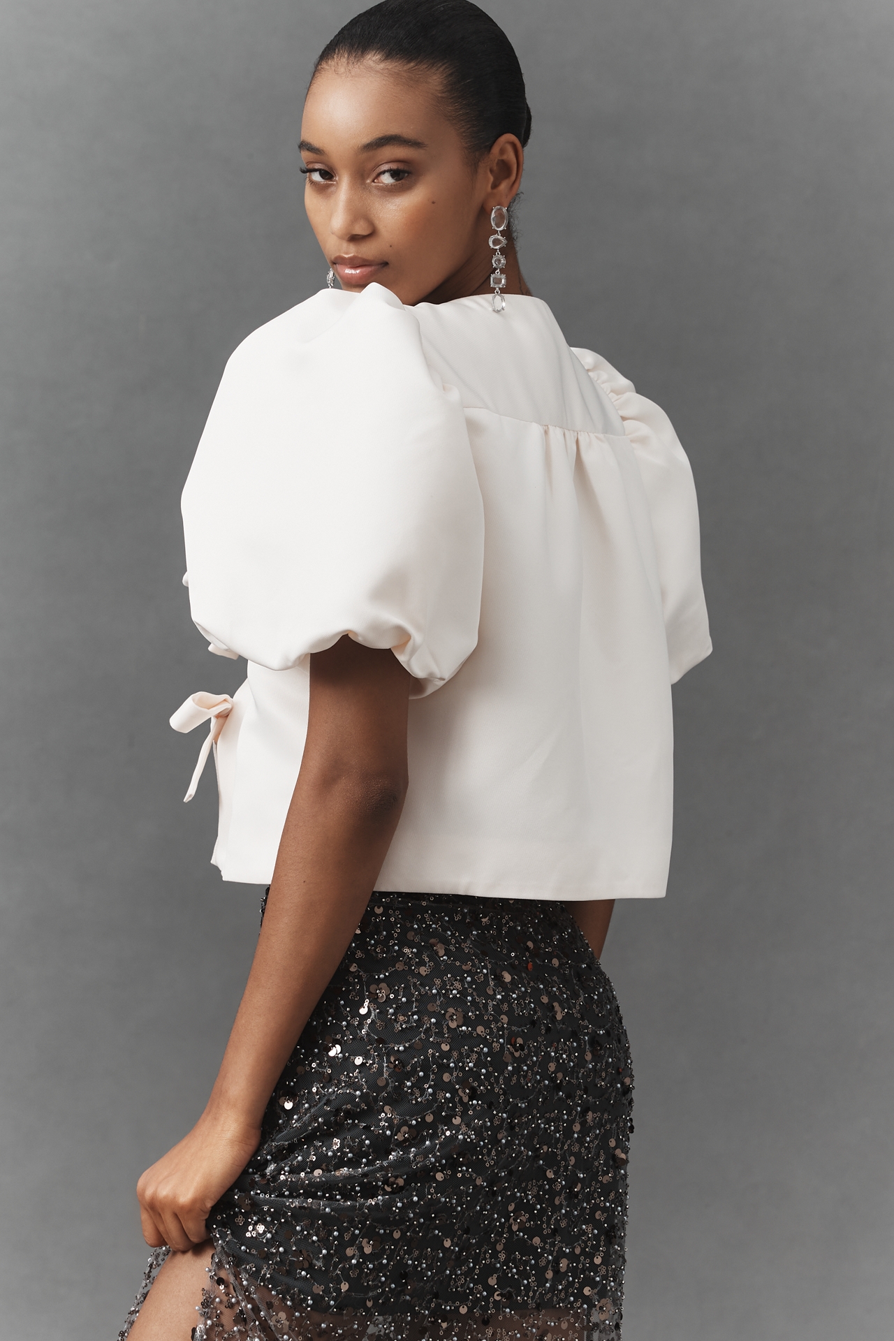 English Factory Puff-Sleeve Bow-Front Blouse