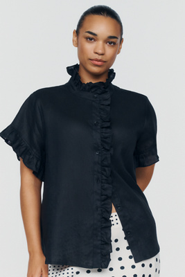 English Factory Linen Blend Ruffle Shirt by Anthropologie
