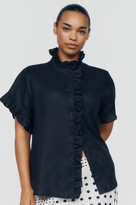 English Factory Linen Blend Ruffle Shirt