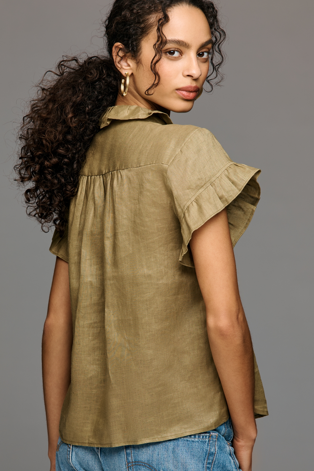 English Factory Linen Blend Ruffle Shirt