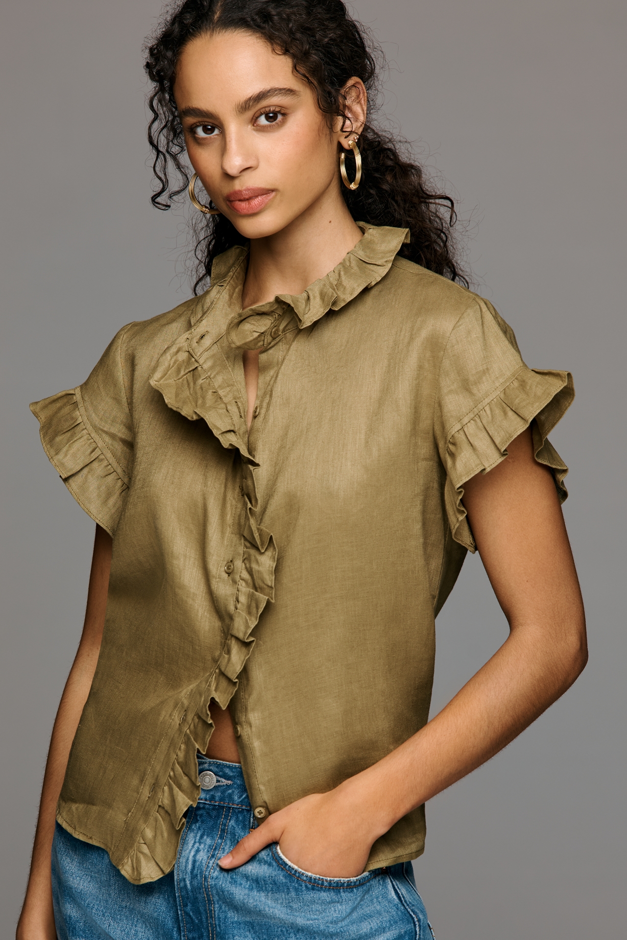 English Factory Linen Blend Ruffle Shirt