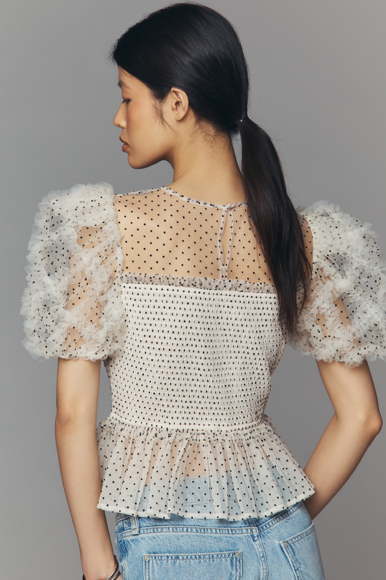 English Factory Sheer Puff-Sleeve Top