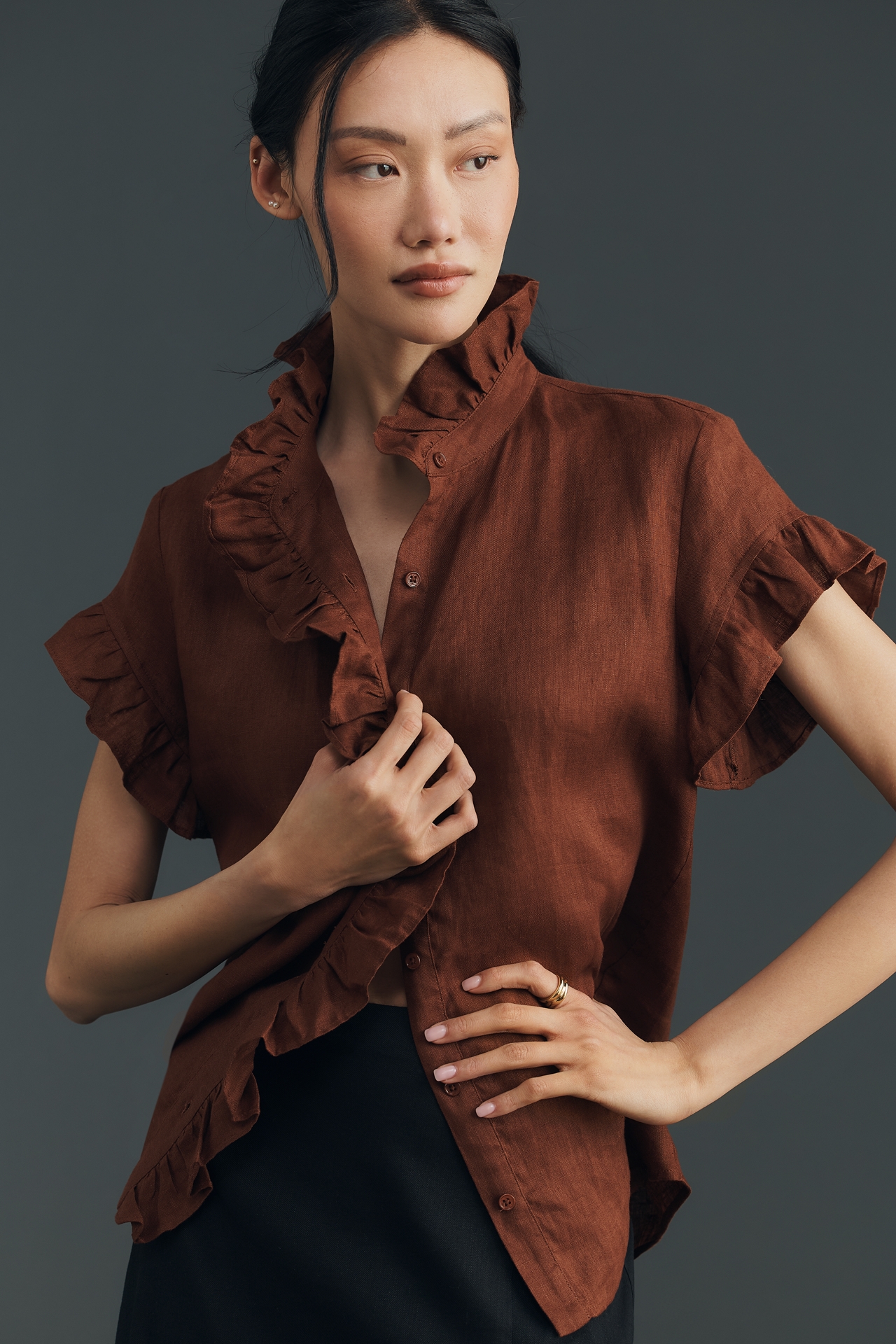 English Factory Linen Ruffle Shirt