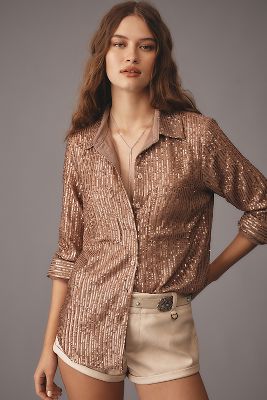 Shop By Anthropologie The Remie Sequin Buttondown In Brown