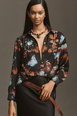 By Anthropologie The Brielle Relaxed Buttondown Blouse In Gray