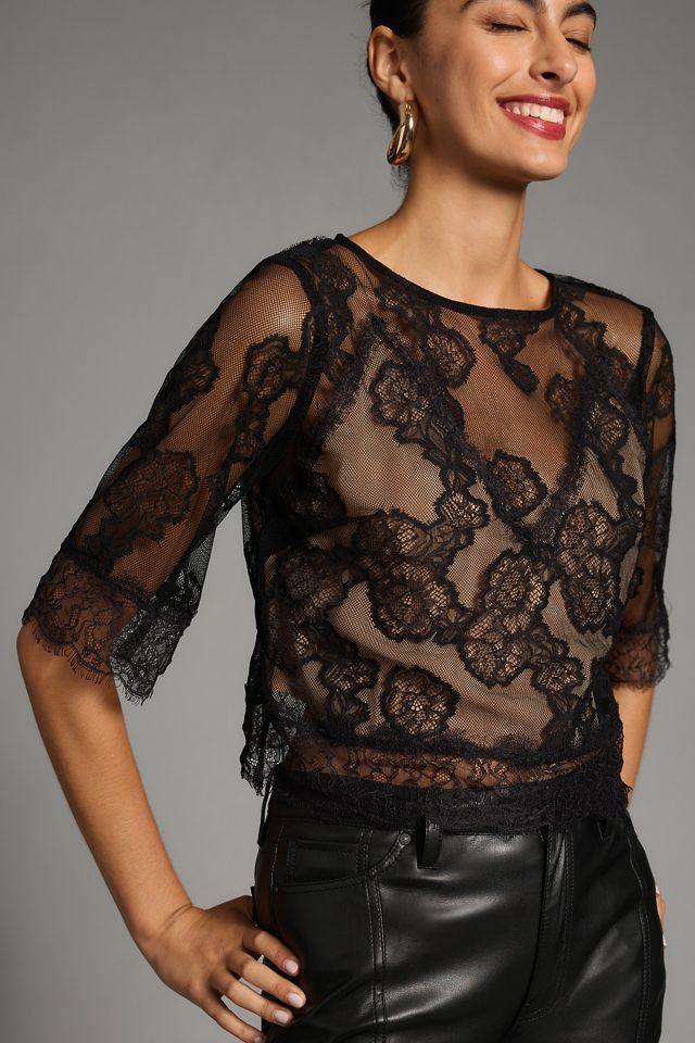 By Anthropologie Sheer Short-Sleeve Lace Illusion Top