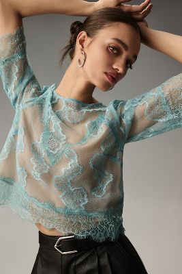 By Anthropologie Lace Illusion Top In Blue