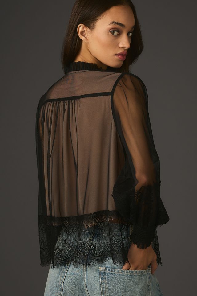 By Anthropologie Layered Tulle Puff-Sleeve Lace Blouse #1