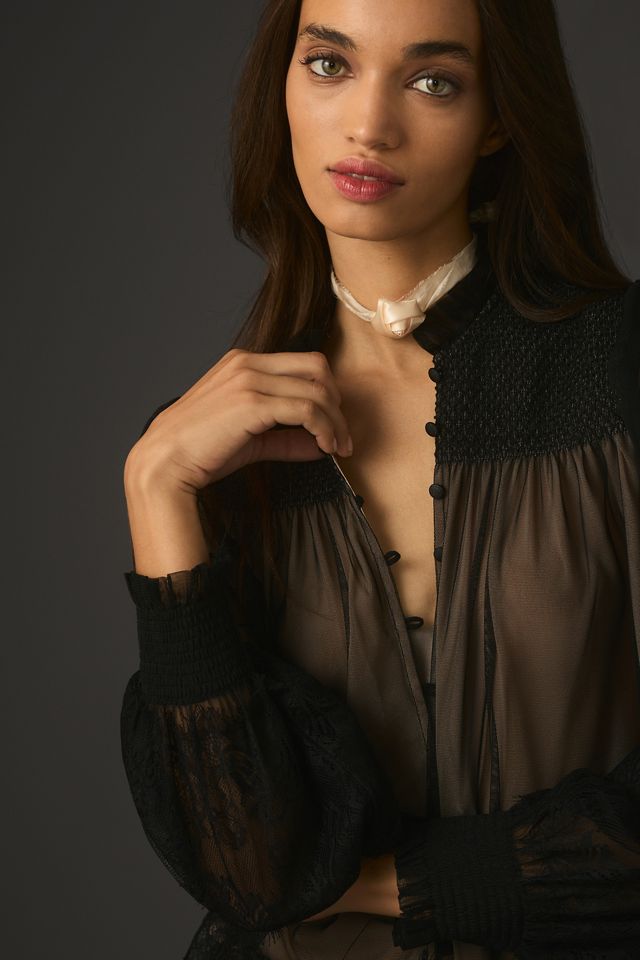 By Anthropologie Layered Tulle Puff-Sleeve Lace Blouse #3