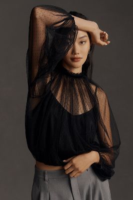 Maeve Sheer High-Neck Ruched Long-Sleeve Blouse