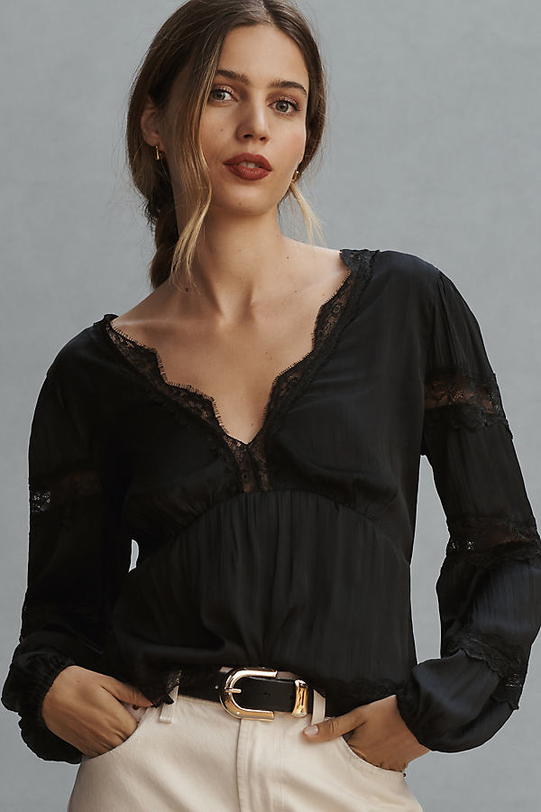 By Anthropologie Long-Sleeve V-Neck Lace Babydoll Blouse