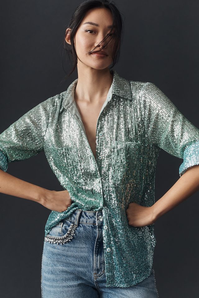 By Anthropologie Long Sleeve Ombre Sequin Shirt