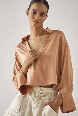 Shop Maeve Silky Collared Popover Blouse In Brown