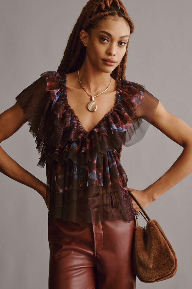 By Anthropologie Tulle Lace Mix Ruffled Top #1
