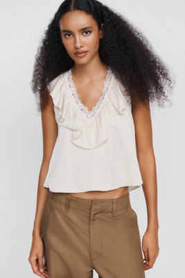 Wayf Ruffled V-neck Top In Ivory