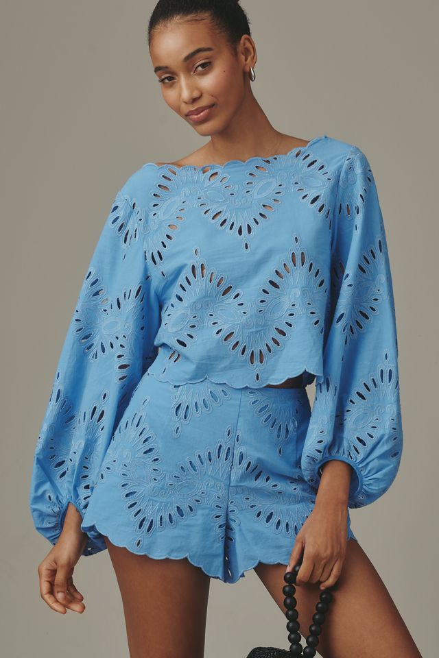 KIVARI Danielle Embroidered Off-Shoulder Crop Blouse | Anthropologie