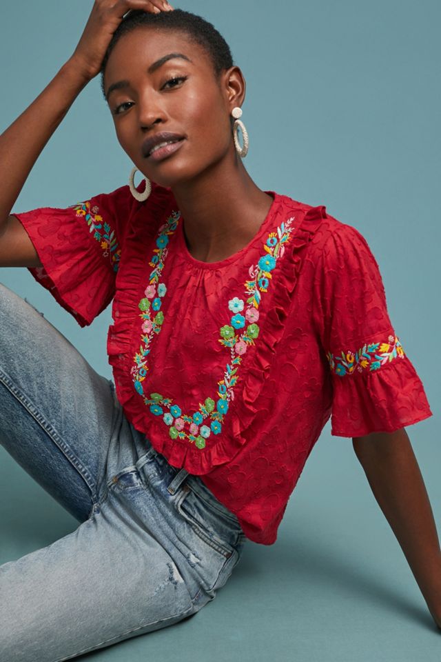 Scarlett Print Cotton Blouse - Turquiose