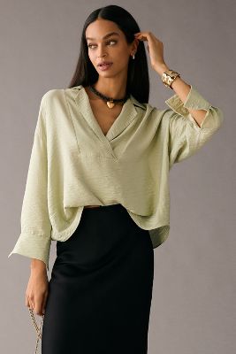 By Anthropologie Wide-placket Popover Top In Green