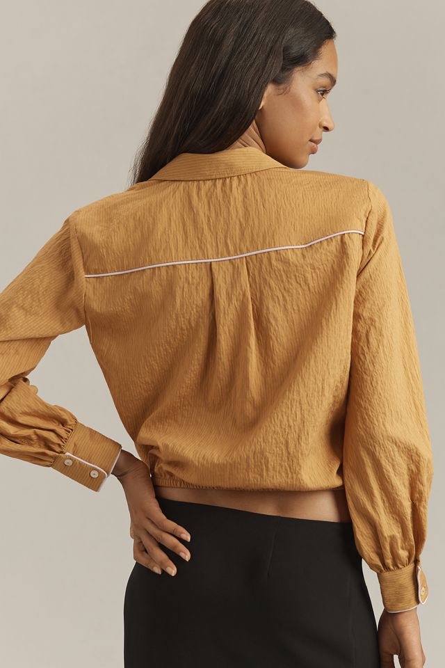 Maeve Long-Sleeve Piped Wrap Blouse #1