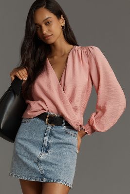 Shop By Anthropologie Long-sleeve Wrap Blouse In Pink