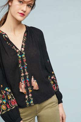 Anthropologie Corinne Peasant Blouse Black newest Motif Medium $158