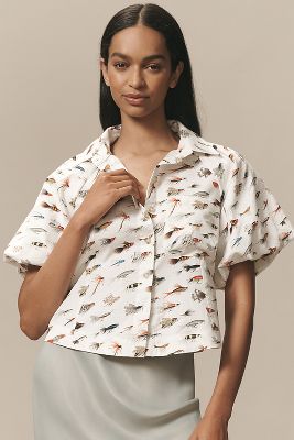 Maeve Zooey Pinstripe Bubble-Sleeve Blouse