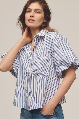 Maeve Zooey Pinstripe Bubble-Sleeve Blouse