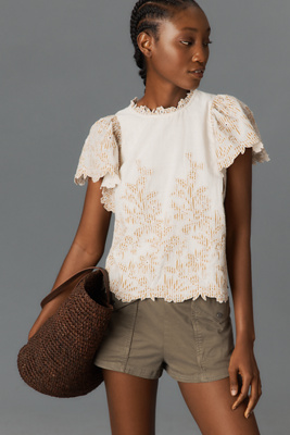 The Lainie High-Neck Linen Cutwork Blouse par en taille: XS - By Anthropologie - Modalova