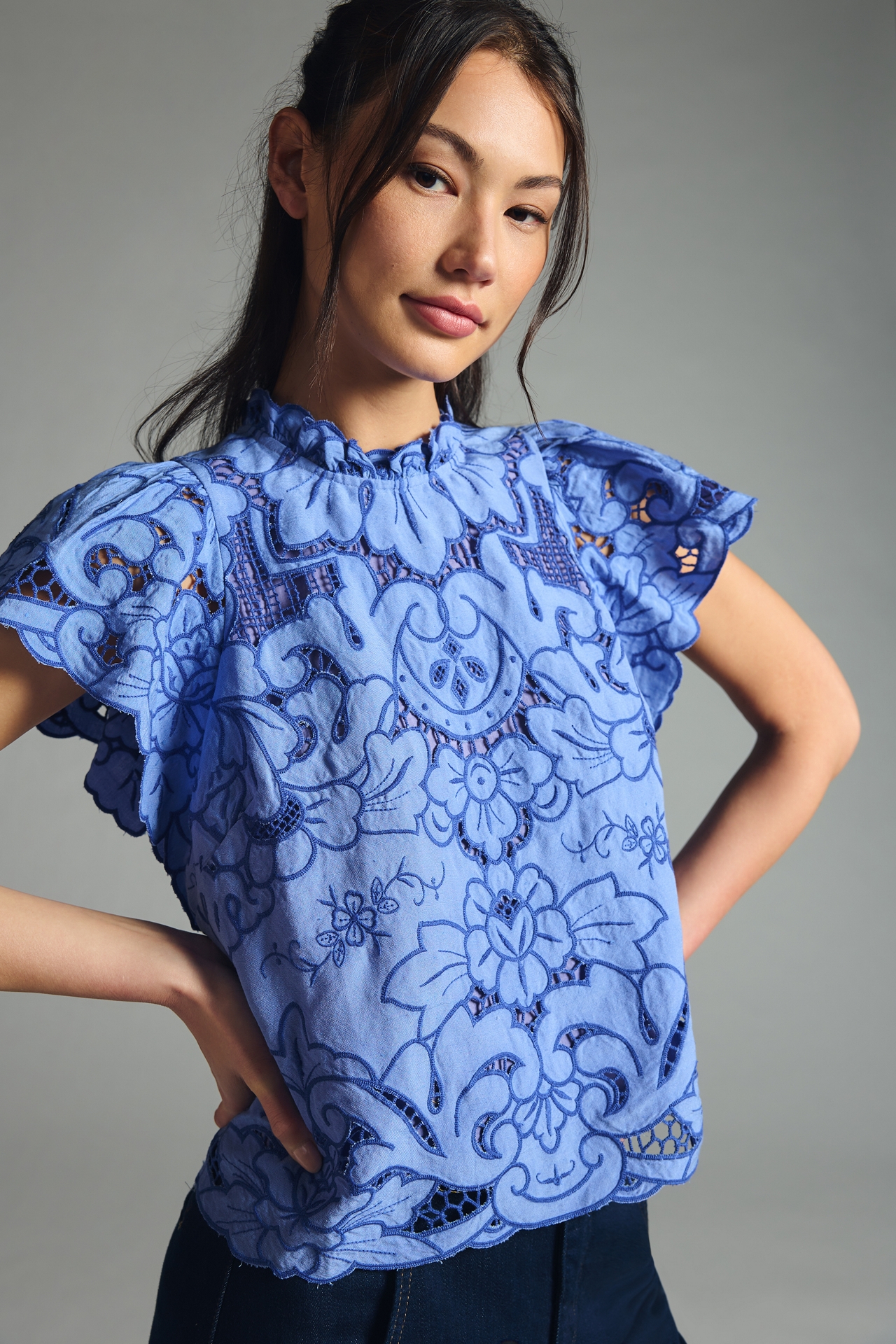 The Lainie High-Neck Lace Cutwork Blouse