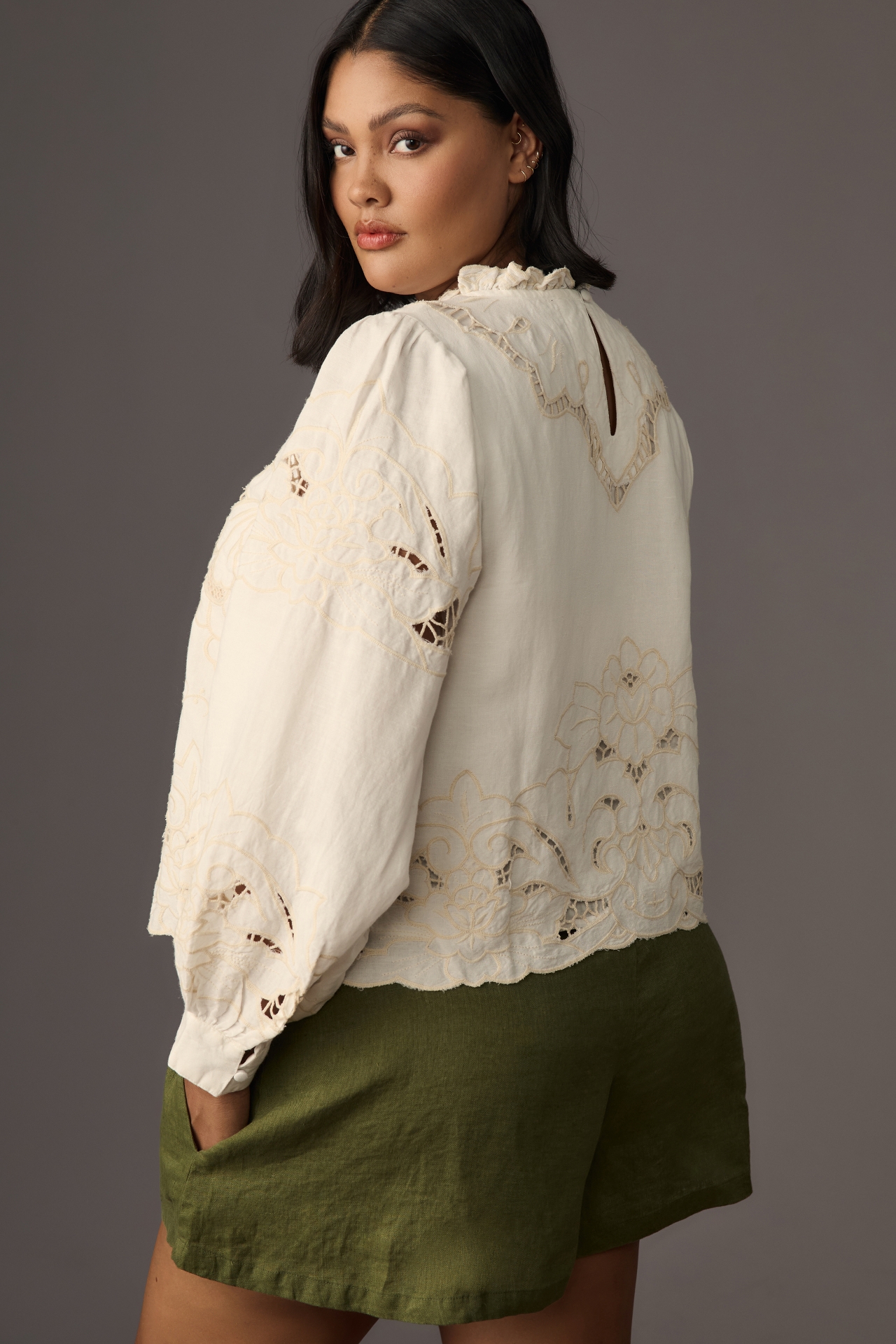 The Lainie Long-Sleeve Lace Cutwork Blouse