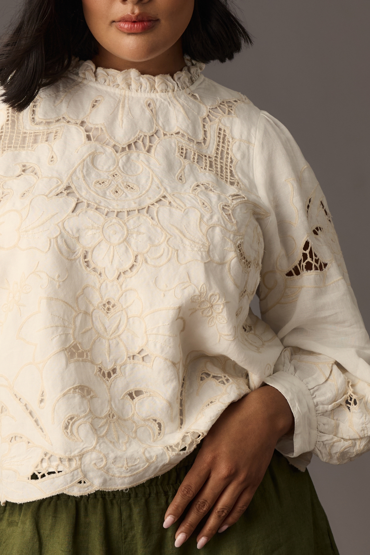 The Lainie Long-Sleeve Lace Cutwork Blouse