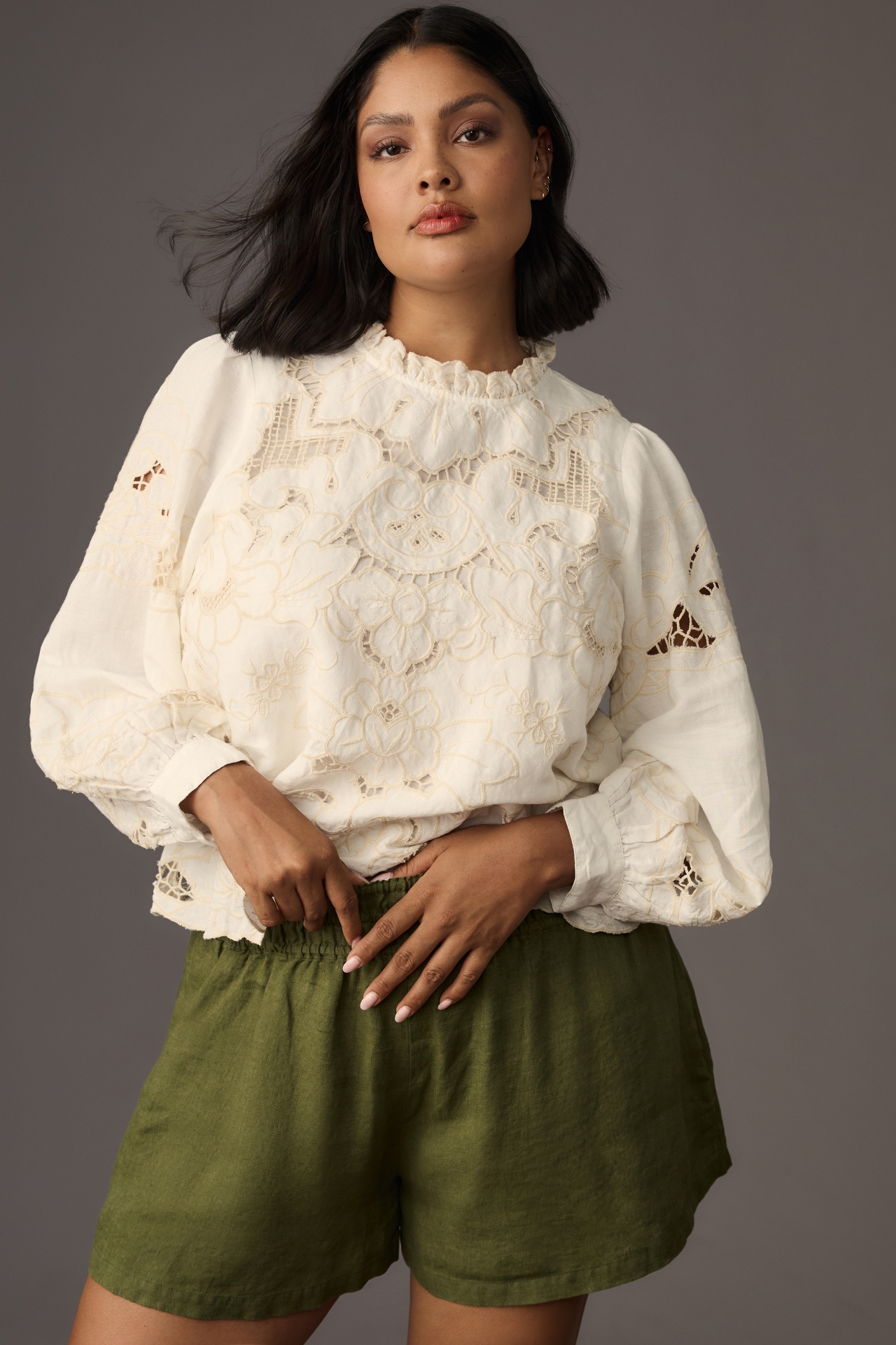 The Lainie Long-Sleeve Lace Cutwork Blouse