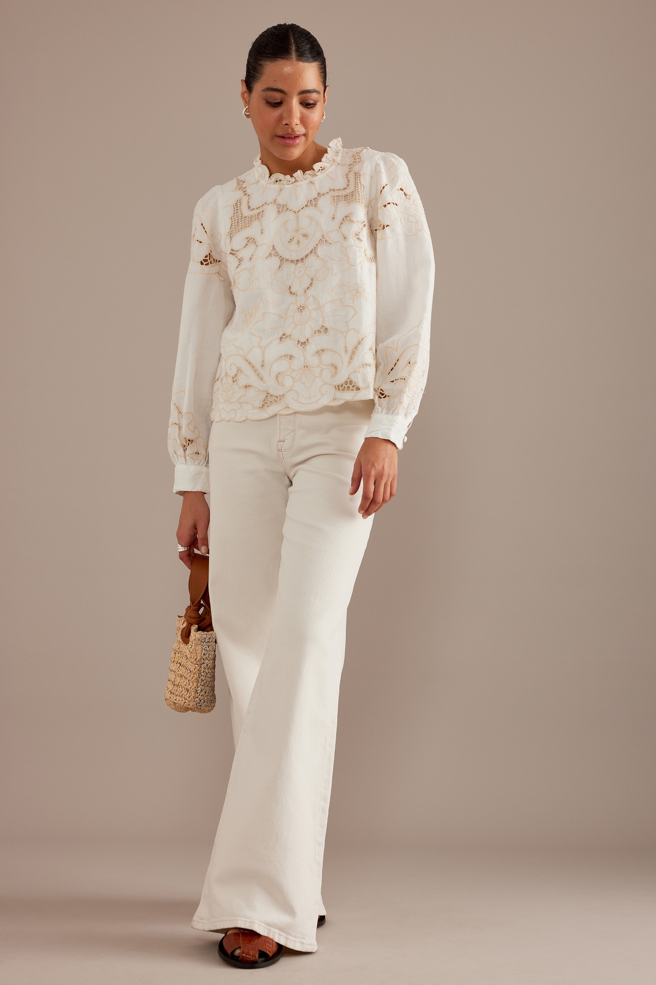 The Lainie Long-Sleeve Lace Cutwork Blouse