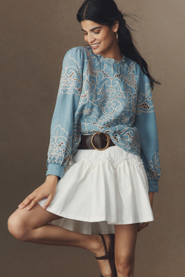 By Anthropologie The Lainie Long-sleeve Lace Cutwork Blouse In Blue