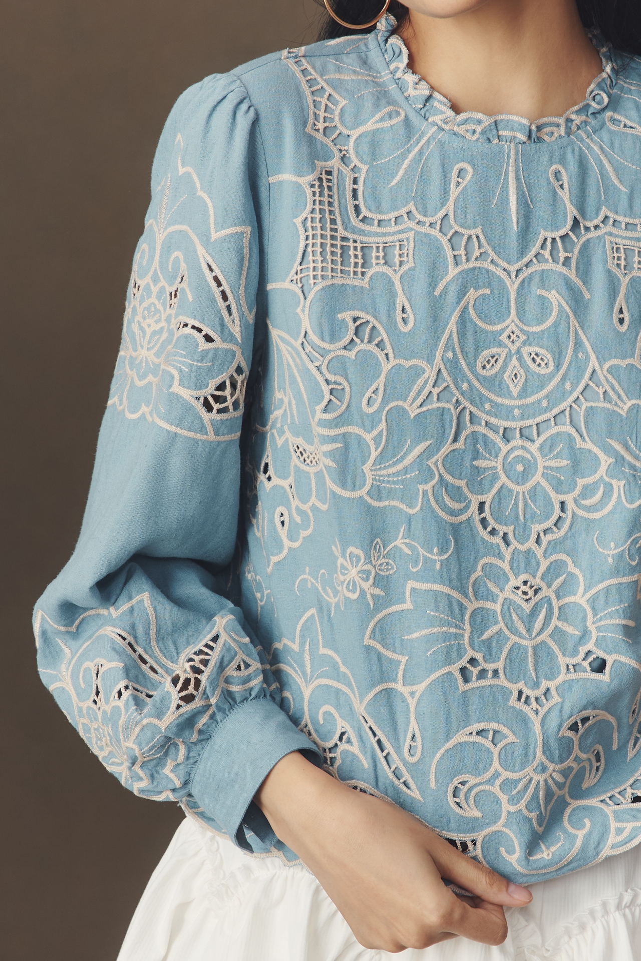 The Lainie Long-Sleeve Lace Cutwork Blouse