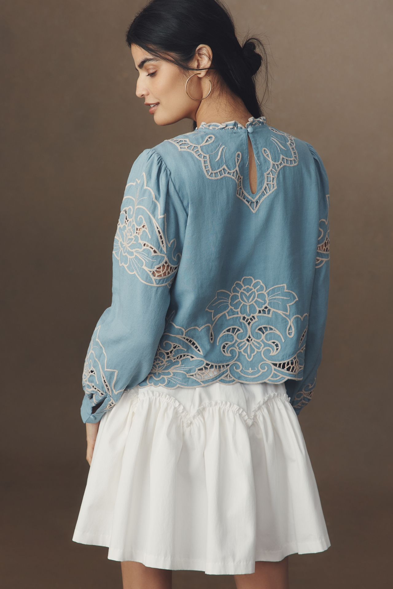 The Lainie Long-Sleeve Lace Cutwork Blouse