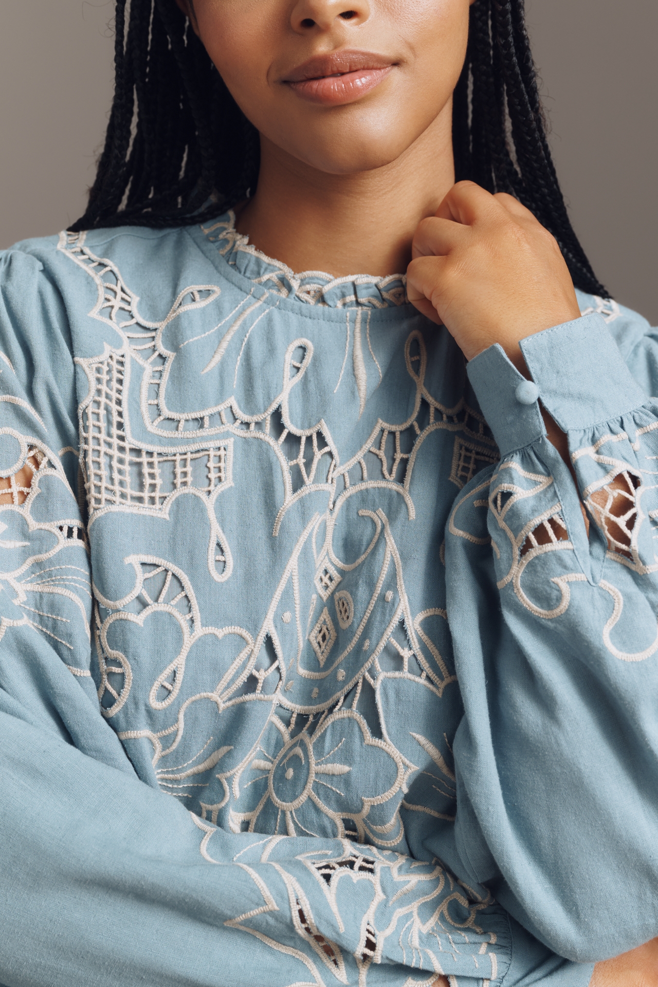 The Lainie Long-Sleeve Lace Cutwork Blouse