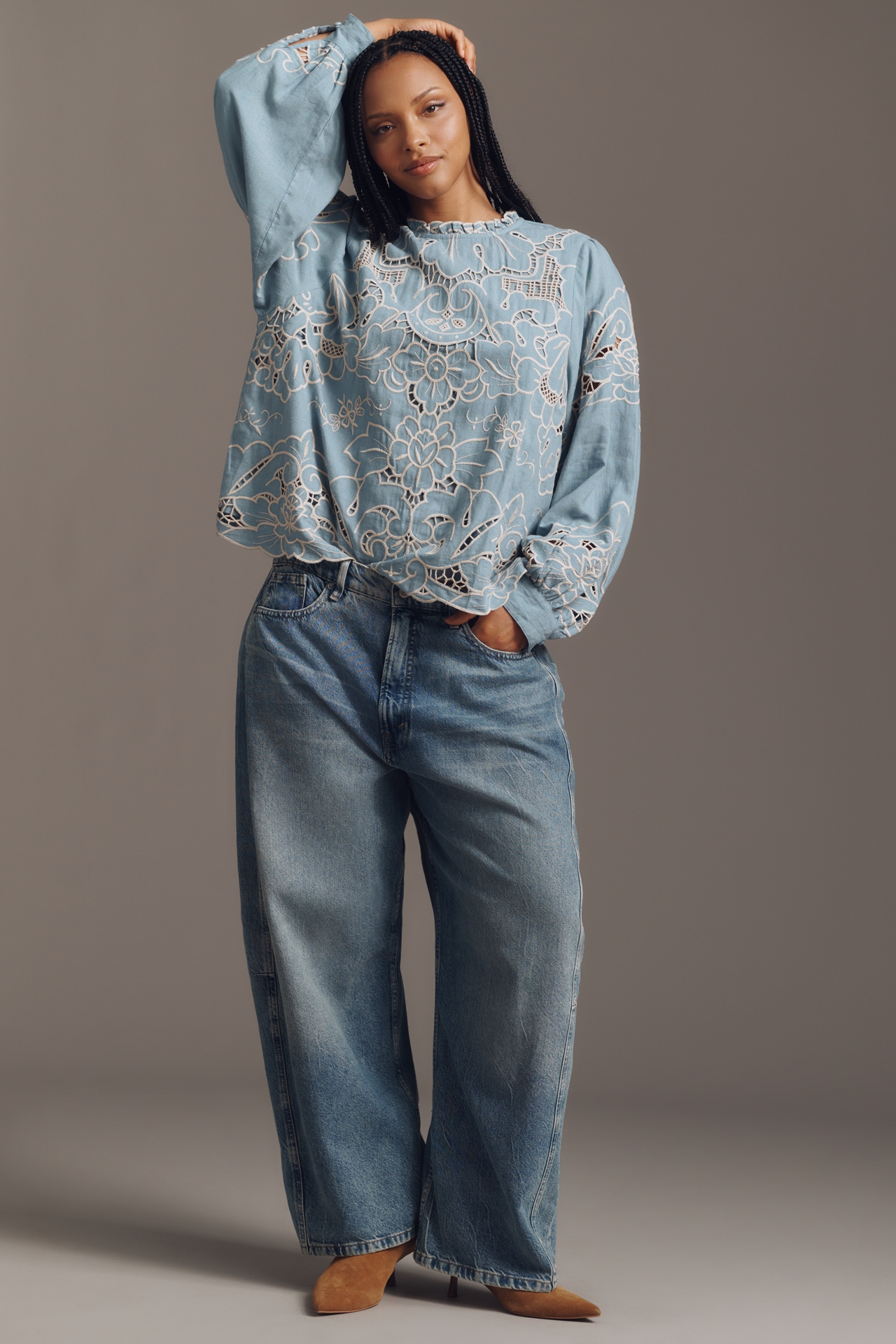 The Lainie Long-Sleeve Lace Cutwork Blouse