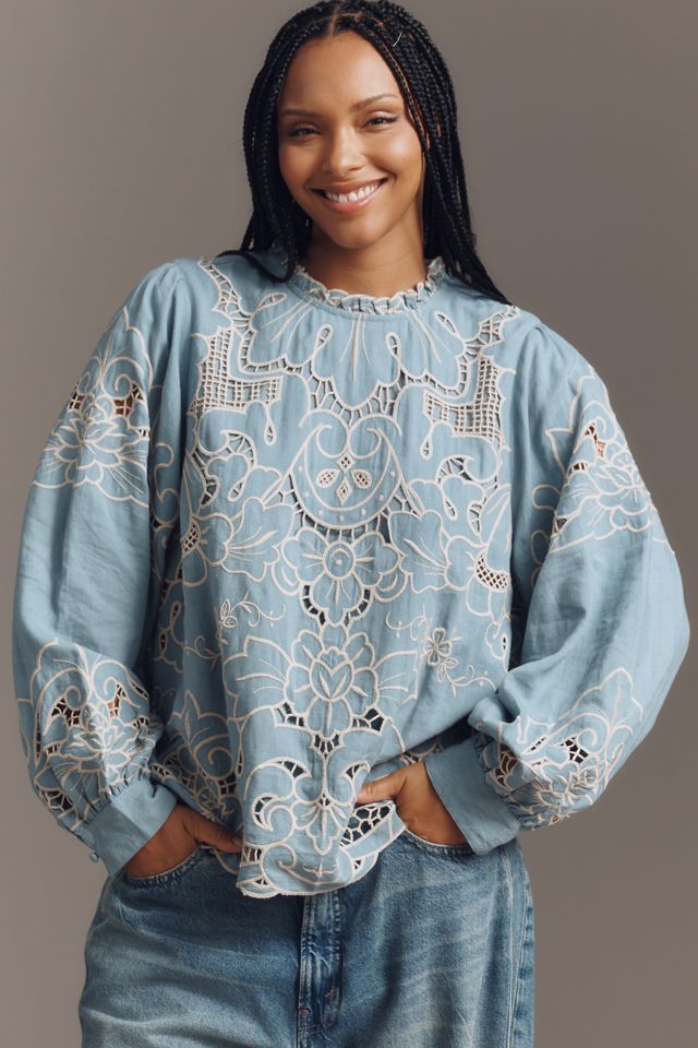 The Lainie Long-Sleeve Lace Cutwork Blouse #4
