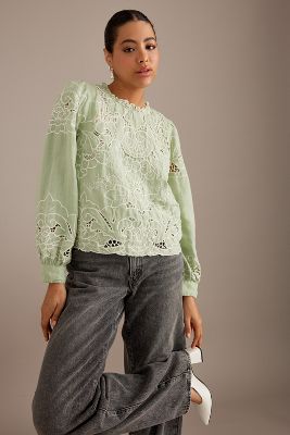 By Anthropologie Long-sleeve Lace Cutwork Blouse In Mint