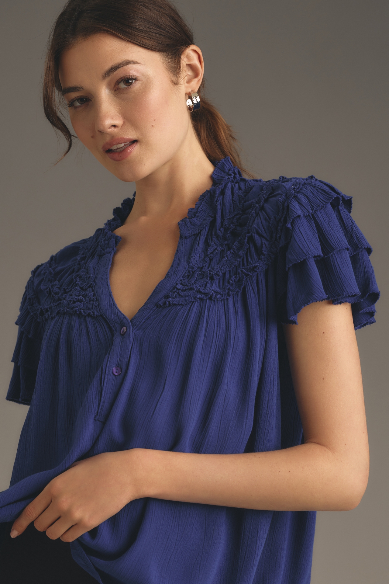 Maeve Short-Sleeve Ruffle Yoke Blouse