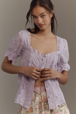 By Anthropologie Puff-sleeve Eyelet Top In Purple