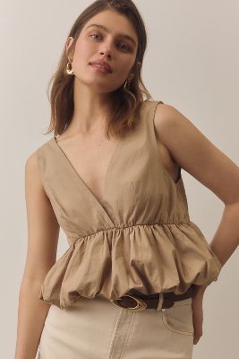 Shop Maeve V-neck Bubble-hem Tank Top In Beige