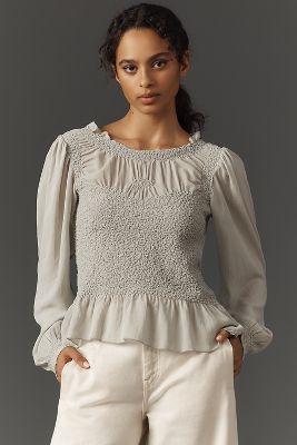 Shop By Anthropologie Balloon-sleeve Smocked Peplum Blouse In Grey