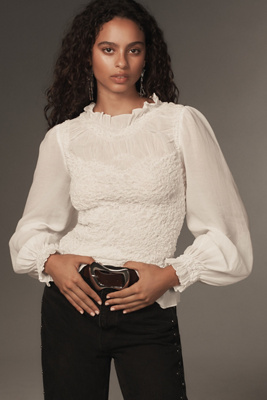 Shop By Anthropologie Balloon-sleeve Smocked Peplum Blouse In White