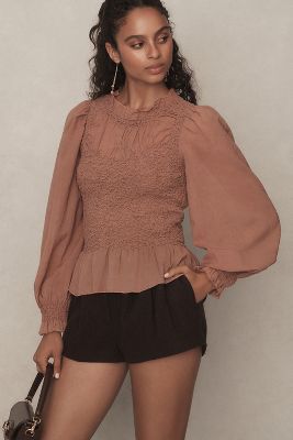 Shop By Anthropologie Balloon-sleeve Smocked Peplum Blouse In Brown