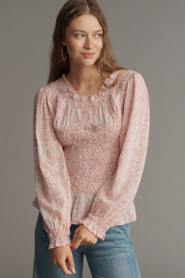 By Anthropologie Balloon-sleeve Smocked Peplum Blouse In Pink