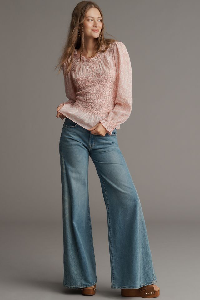 By Anthropologie Balloon-Sleeve Smocked Peplum Blouse